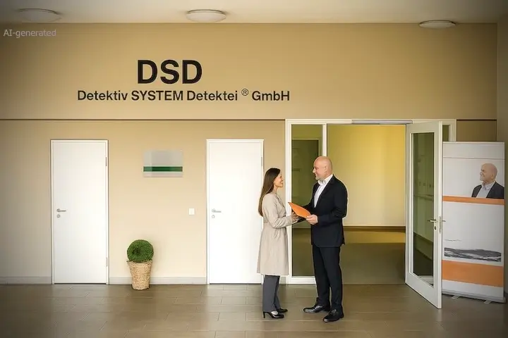 Zufriedene Kundin des Detektivbüros erhält ihre Ermittlungsakte.
