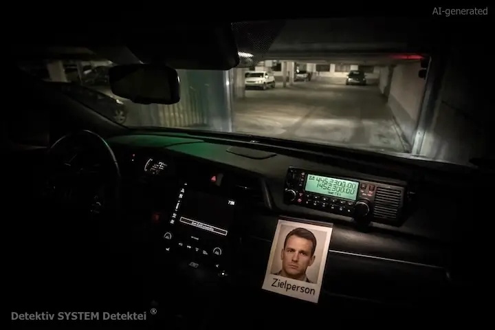 Renommierte Detektive sind hochagil, flexibel und einsatzfähig bei Tag und Nacht. Rückfahrt vom Nachteinsatz - Zielpersonenobservation. (Beispielfoto/AI-generated) Einsatzfahrzeug einer renommierten Detektei fährt in die Firmengarage