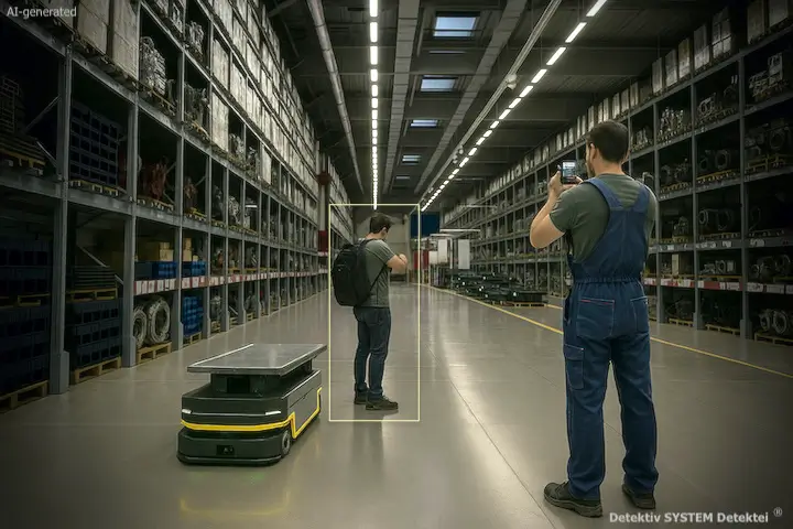 Fallbeispiel: Schattenmann (eingechleuster Wirtschaftsdetektiv) der DSD Detektiv SYSTEM Detektei ® GmbH überführt einen Mitarbeiter des betroffenen Unternehmens des Diebstahls. (Beispielfoto/AI-generated) Undercover-Private-Investigator in action.