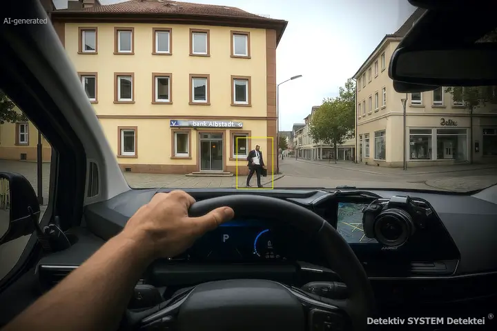 Fallbeispiel Albstadt: "Zielperson (ZP) verlässt Zielobjekt". Über Funk werden die an der Observation in Albstadt beteiligten Detektiv-Sachbearbeiter informiert. ZP wird im weiteren Verlauf der Maßnahme weiter beobachtet. (Beispielfoto/AI-generated) DSD Detektivbüro in Albstadt im Auftragseinsatz.