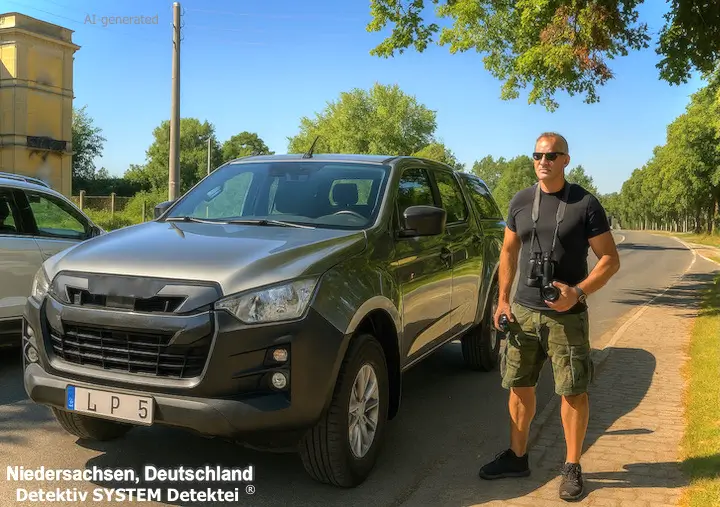 Die Niedersachsen-Zweigstelle der Detektei in Gifhorn im Auftragseinsatz. (Beispielfoto/AI-generated) Einsatzteam der DSD Detektiv SYSTEM Detektei ® GmbH Niedersachsen im Raum Gifhorn in Aktion.