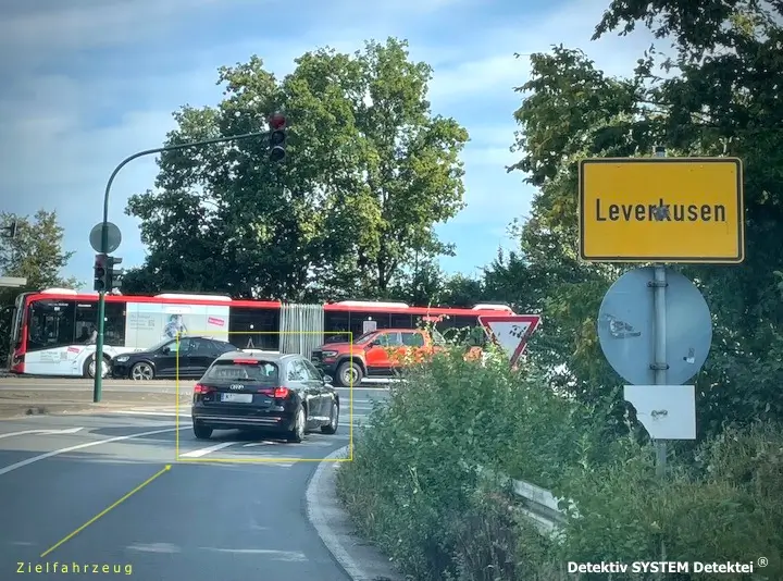 Zielfahrzeug aus Köln wird von den Detektiven anlassbezogen nach Leverkusen verfolgt.