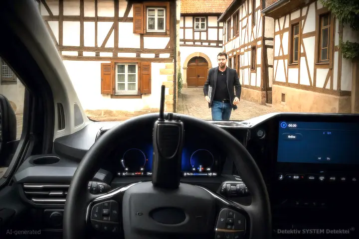 Fallbeispiel Schriesheim: Funkruf an die Detektiv-Sachbearbeiter - "Zielperson verlässt Zielobjekt. Steigt ins Zielfahrzeug und fährt Richtung Heidelberg" (Beispielfoto/AI-generated) Detektiv SYSTEM Detektei ® in Schriesheim im anlassbezogenen Auftragseinsatz