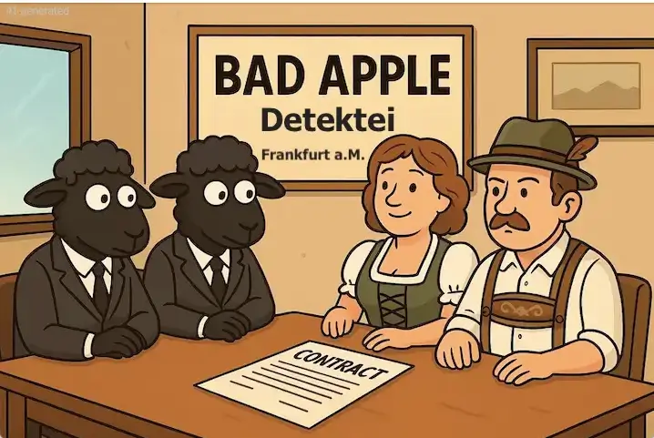 Detektei "BAD APPLE" rückte aus Frankfurt gleich mit fünf Detektiven an. Fazit: Hohes Honorar. Kein Ergebnis. Die geschädigte Unternehmerfamilie aus Landsberg am Lech vertraute sich schließlich Detektiv SYSTEM Detektei ® an und gewann. (Beispielfoto/AI-generated) Landsberger sind an Schwarze Schafe der Detektiv-Branche geraten.