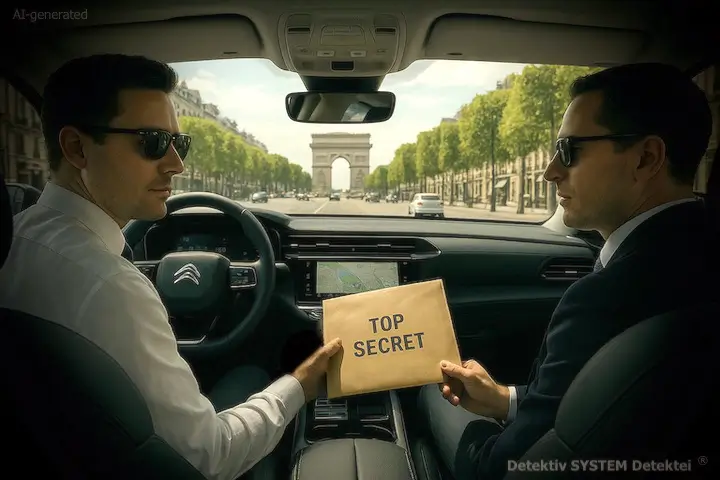 Remise secrète de matériel compromettant à l’agent du bureau de détectives. La rencontre secrète est organisée en plein cœur de Paris. (Ceci est une photo d’exemple/AI-generated) Une personne de confiance fiable remet à l’agent de l’agence de détectives à Paris des preuves hautement sensibles.