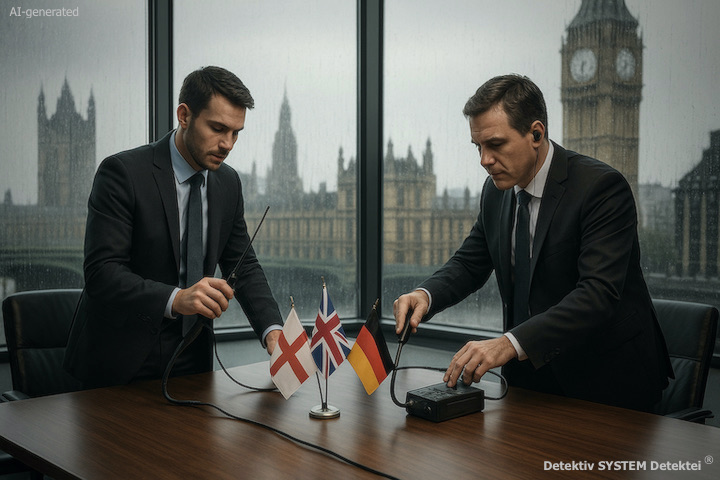 The discussions in this London conference room are highly confidential. DSD’s eavesdropping protection experts make sure the room is secure. (example photo/ai-generated) DSD Experts in eavesdropping protection conducting a sweep (counter-surveillance) in a London office.