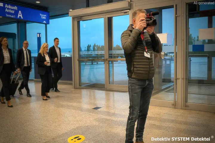 Auftragsmandat aus dem Landkreis Offenbach: Begründeter Verdacht Wirtschaftskriminalität. Detektiv SYSTEM Detektei ® sichert im Rahmen der Observation der Zielperson Beweise bei einem konspirativen Treff am Flughafen Frankfurt am Main. (Beispielfoto/AI-generated) Auftrag aus Offenbach: Detektei Einsatz am Flughafen im Rhein-Main-Gebiet.