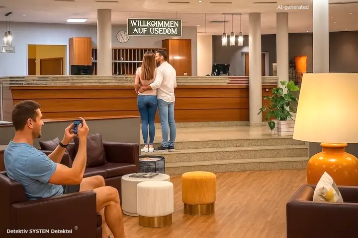 Fallbeispiel Privatdetektiv Usedom Einsatz: Zielperson erscheint mit seiner Affäre im Beobachtungsbereich des Privatermittlers in der Hotellobby. (Beispielfoto/AI-generated) Privatdetektiv observiert in einem Hotel auf der Insel Usedom.