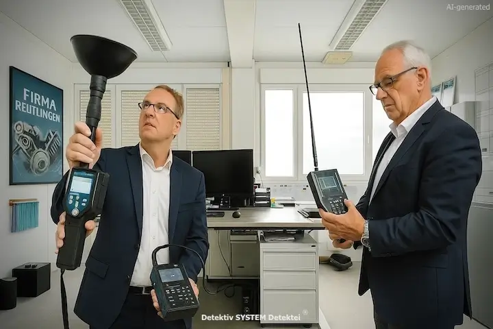 Verdacht auf Lauschangriff im Unternehmen oder im privaten Bereich? DSD Detektiv SYSTEM Detektei ® GmbH spürt mit Sicherheit (auch temporär inaktive) Lauschmikrofone und Spyware auf. (Beispielfoto/AI-generated) Lauschabwehrmaßnahme in einer Reutlinger Firma: Detektiv SYSTEM Detektei