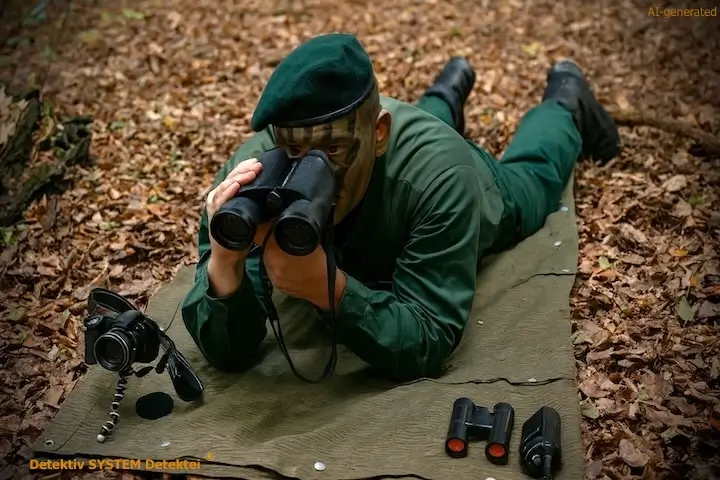 Ex-Militär einer Spezialeinheit späht anlassbezogen für die Detektei ein Zielobjekt aus.