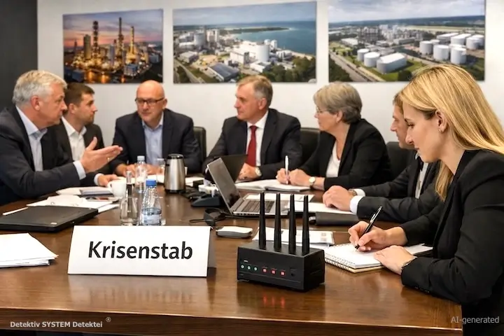 Fallbeispiel Krisenmanagement im Unternehmen: Für geheime Nachforschungen und für abhörsichere Besprechungsräume wurde eine Detektei mit entsprechenden Expertisen unter Vertrag genommen. (Beispielfoto/AI-generated) Krisenmanagement im betroffenen Konzern: Detektiv SYSTEM Detektei ist Teil des Krisenstabs