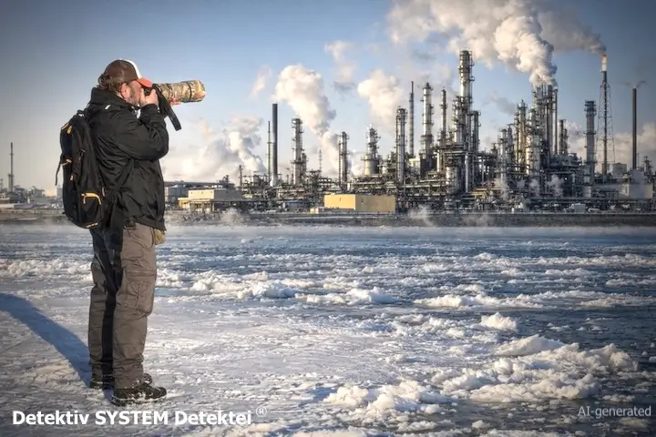 Fallbeispiel: Wirtschaftsdetektive im Auslandseinsatz. Wirtschaftsdetektiv der Arbeitsgruppe „Auftrag Chemiekonzern“ fertigt Beweisfotos von einem Zielobjekt in Übersee an. Die Aufnahmen gehen über sichere Datenkommunikation zeitnah in die Auswertung in die Detektei-Zentrale nach Deutschland. (Beispielfoto/AI-generated) Privater Wirtschaftsdetektiv nimmt ein Chemieunternehmen unter die Lupe.