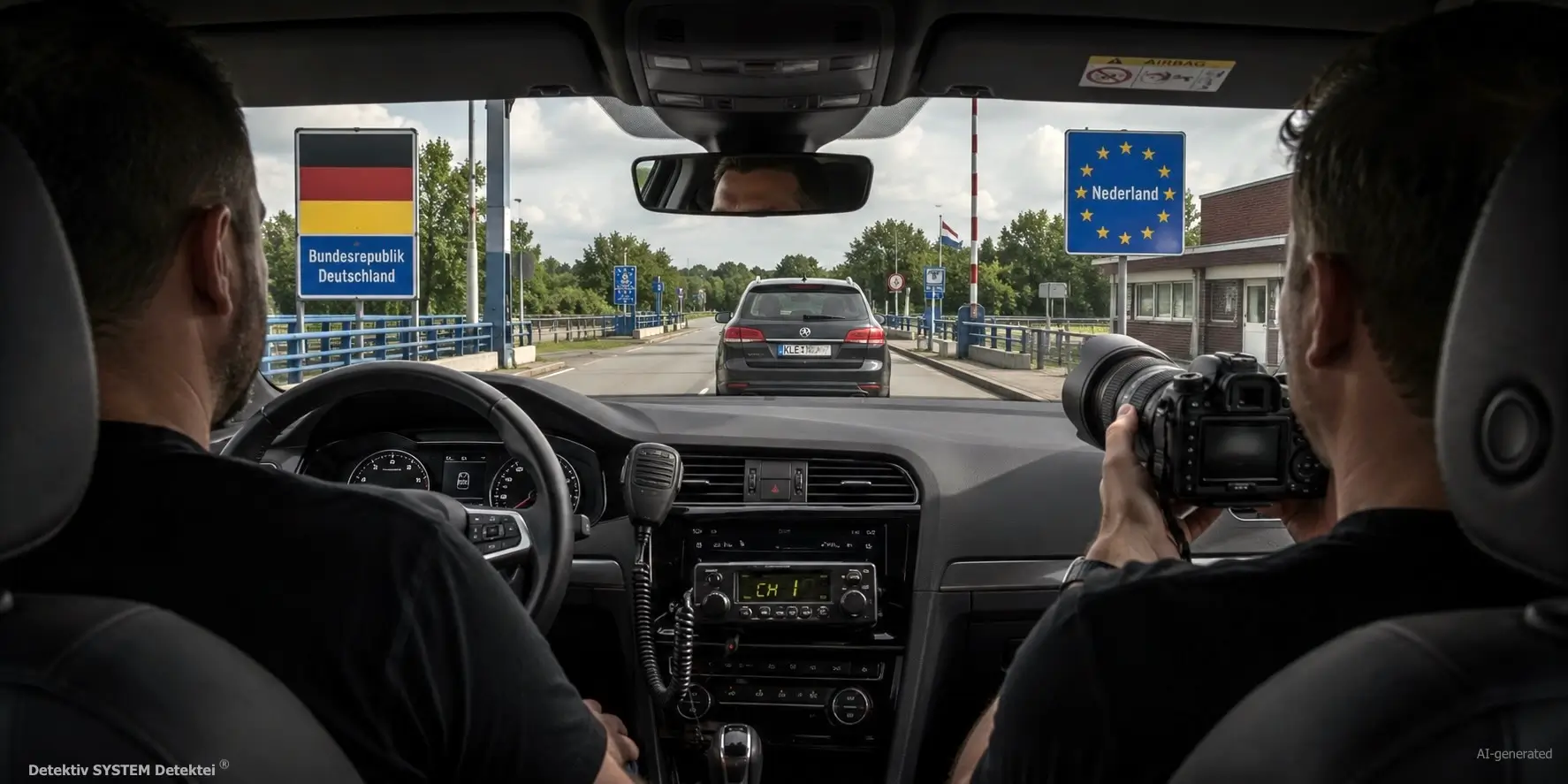 Fallbeispiel: Im Verbund mit mehreren Einsatzwagen folgen Privatdetektive der Zielperson gemäß Arbeitsanweisung von Deutschland in die Niederlande nach Utrecht. (Beispielfoto/AI-generated) Privatdetektive der DSD Detektiv SYSTEM Detektei ® GmbH mit Auftrag aus Kleve im Grenzgebiet Deutschland - Niederlande im Einsatz.